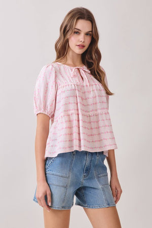 PRETTY FOLLIES Women's Top Floral Print Front Tie Neckline Peplum Hem Top