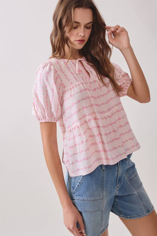 PRETTY FOLLIES Women's Top Floral Print Front Tie Neckline Peplum Hem Top