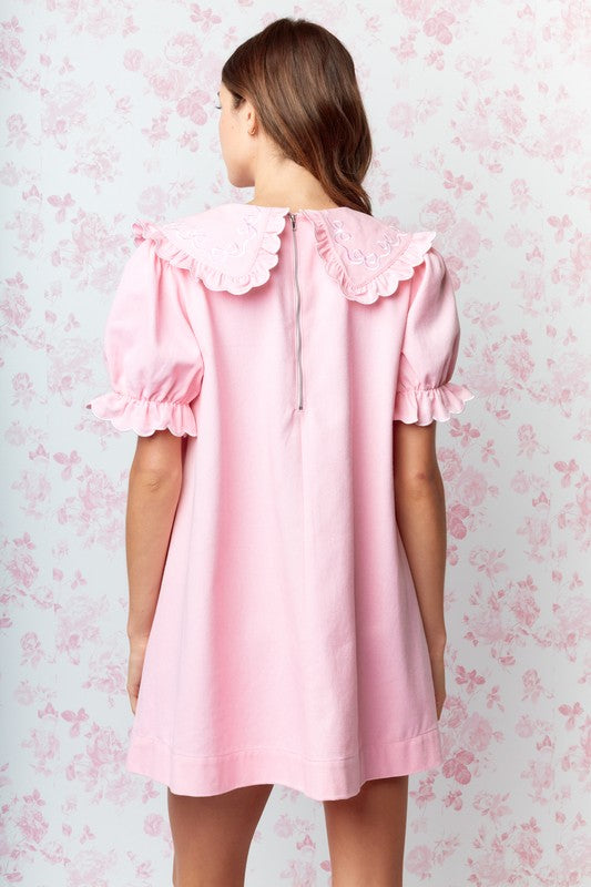 RARERAW Women's Dresses Bow Embroidered Collar Babydoll Dress