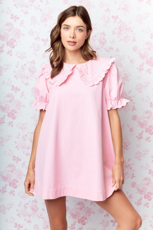 RARERAW Women's Dresses Bow Embroidered Collar Babydoll Dress