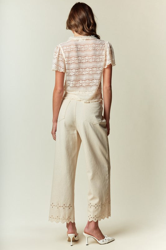 RARERAW Women's Pants Scallop Hem Eyelet Detail Wide-leg Pants