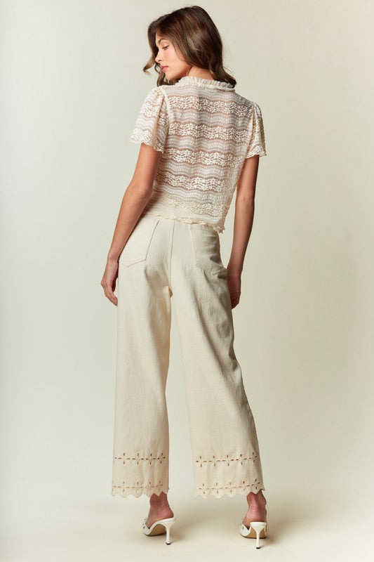 RARERAW Women's Pants Scallop Hem Eyelet Detail Wide-leg Pants