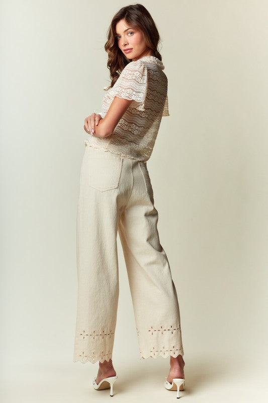 RARERAW Women's Pants Scallop Hem Eyelet Detail Wide-leg Pants