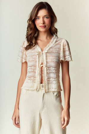 RARERAW Women's Top Soft Lace Tie-front Blouse