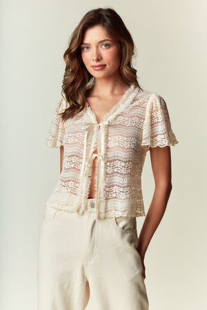 RARERAW Women's Top Soft Lace Tie-front Blouse