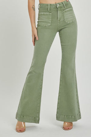 Risen Jeans Women's Jeans High Rise Front Patch Pocket Bell Bottom Pants || David's Clothing