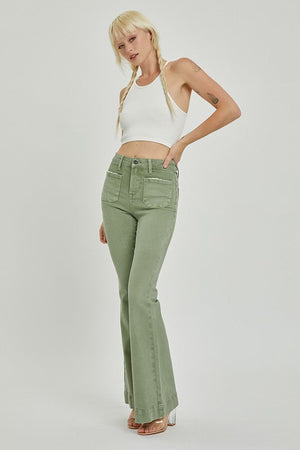 Risen Jeans Women's Jeans High Rise Front Patch Pocket Bell Bottom Pants || David's Clothing