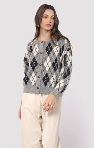 SADIE AND SAGE Women's Sweaters Sadie and Sage Bec Argyle Sweater Cardigan || David's Clothing