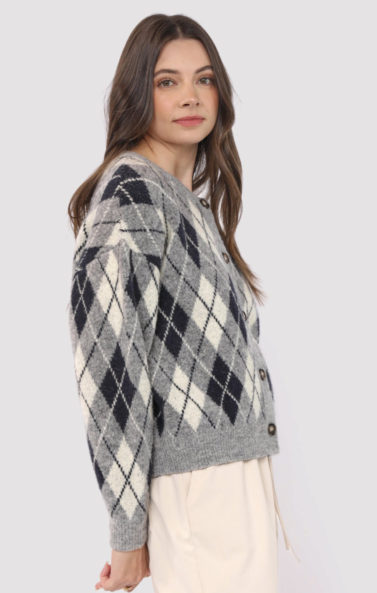 SADIE AND SAGE Women's Sweaters Sadie and Sage Bec Argyle Sweater Cardigan || David's Clothing