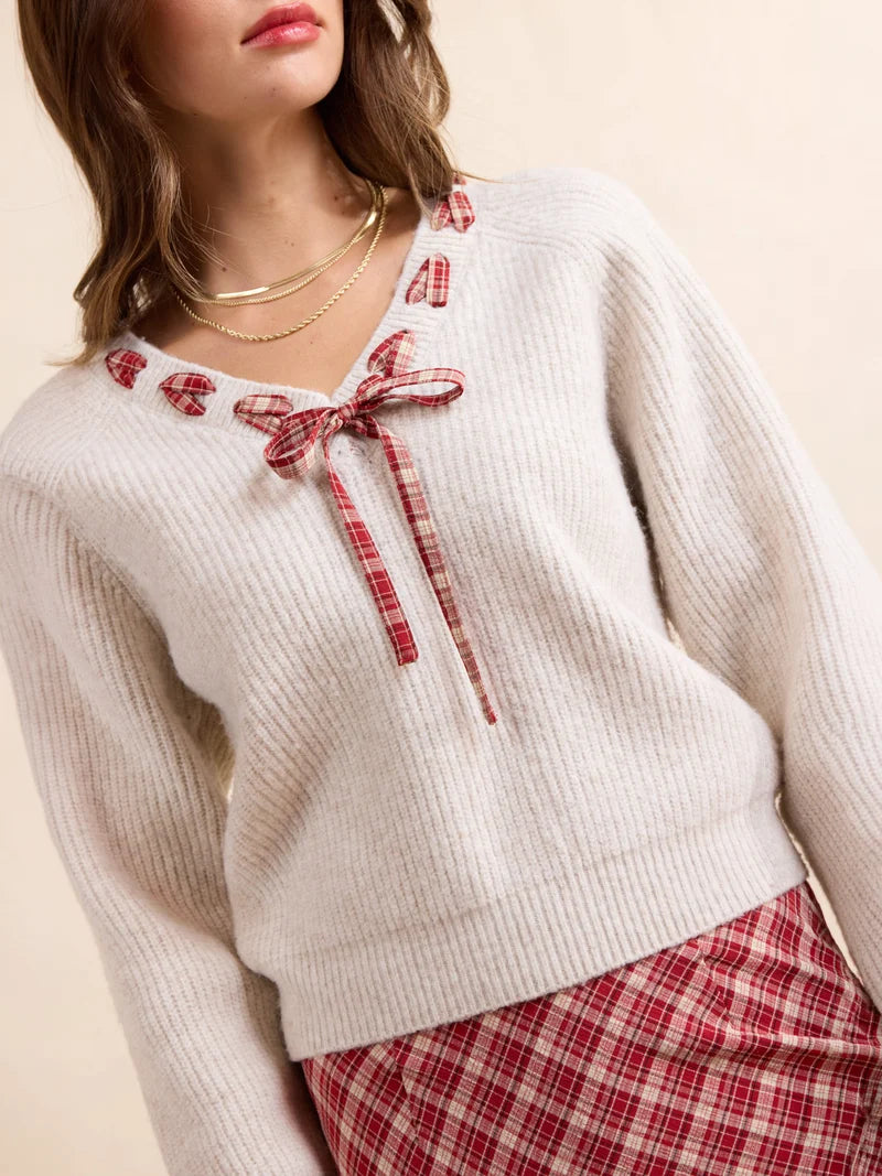 SADIE AND SAGE Women's Sweatshirt Sadie and Sage Hostess Plaid Lace Trim Sweater