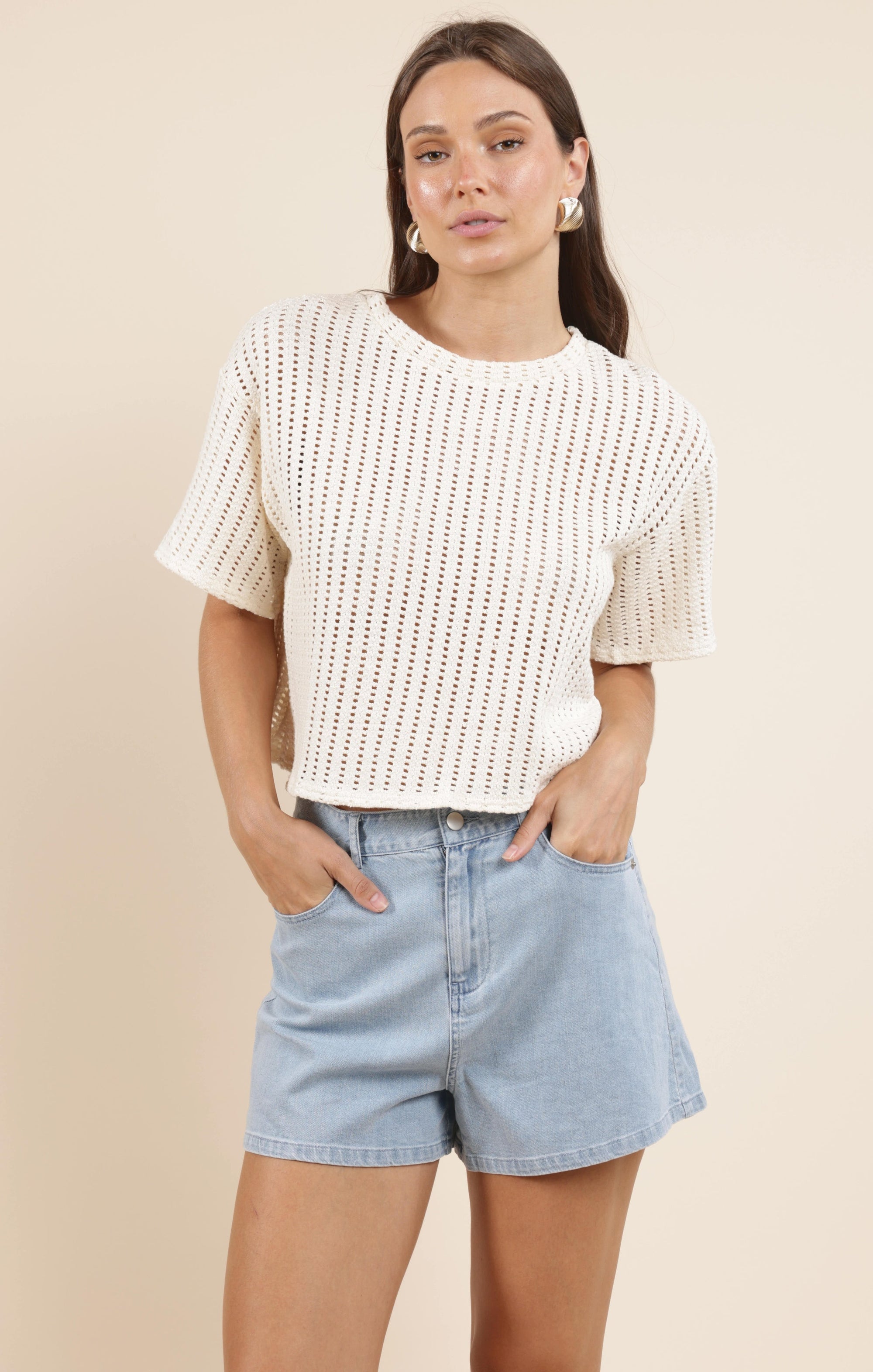 SADIE AND SAGE Women's Top Sadie And Sage Cheese Board Open Knit S/Slv Top