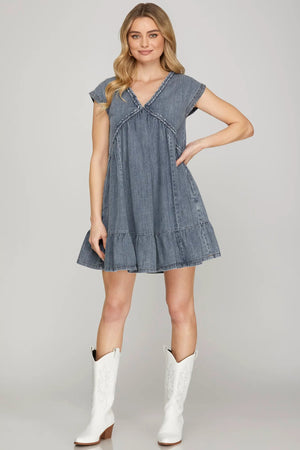 SHE AND SKY Women's Dresses Drop Shoulder Braided Detail Denim Mini Dress With Pockets