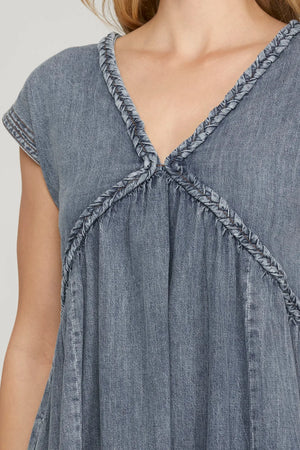 SHE AND SKY Women's Dresses Drop Shoulder Braided Detail Denim Mini Dress With Pockets