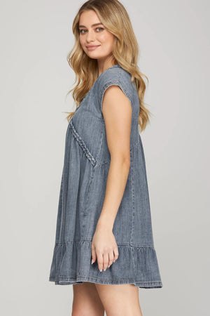 SHE AND SKY Women's Dresses Drop Shoulder Braided Detail Denim Mini Dress With Pockets