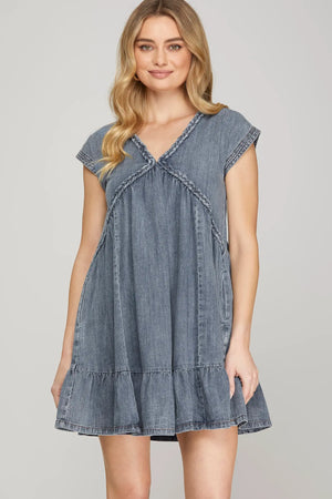 SHE AND SKY Women's Dresses Drop Shoulder Braided Detail Denim Mini Dress With Pockets