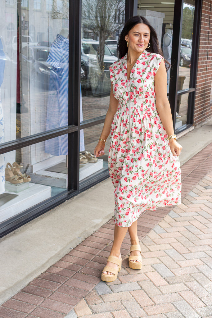 SHE AND SKY Women's Dresses Drop Shoulder Smocked Waist Front Zip Printed Midi Dress