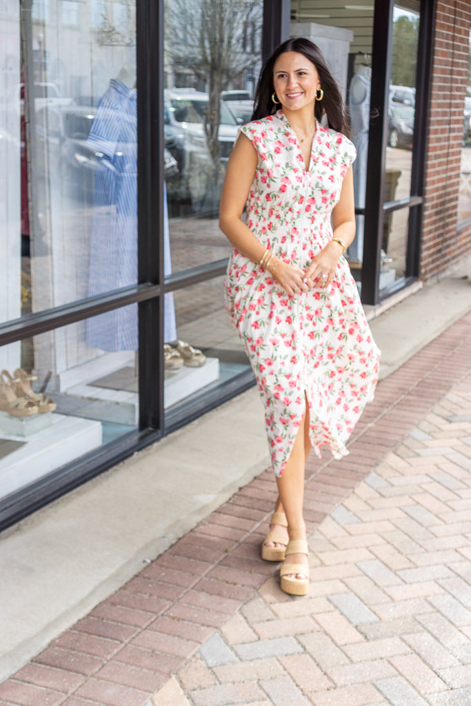 SHE AND SKY Women's Dresses Drop Shoulder Smocked Waist Front Zip Printed Midi Dress