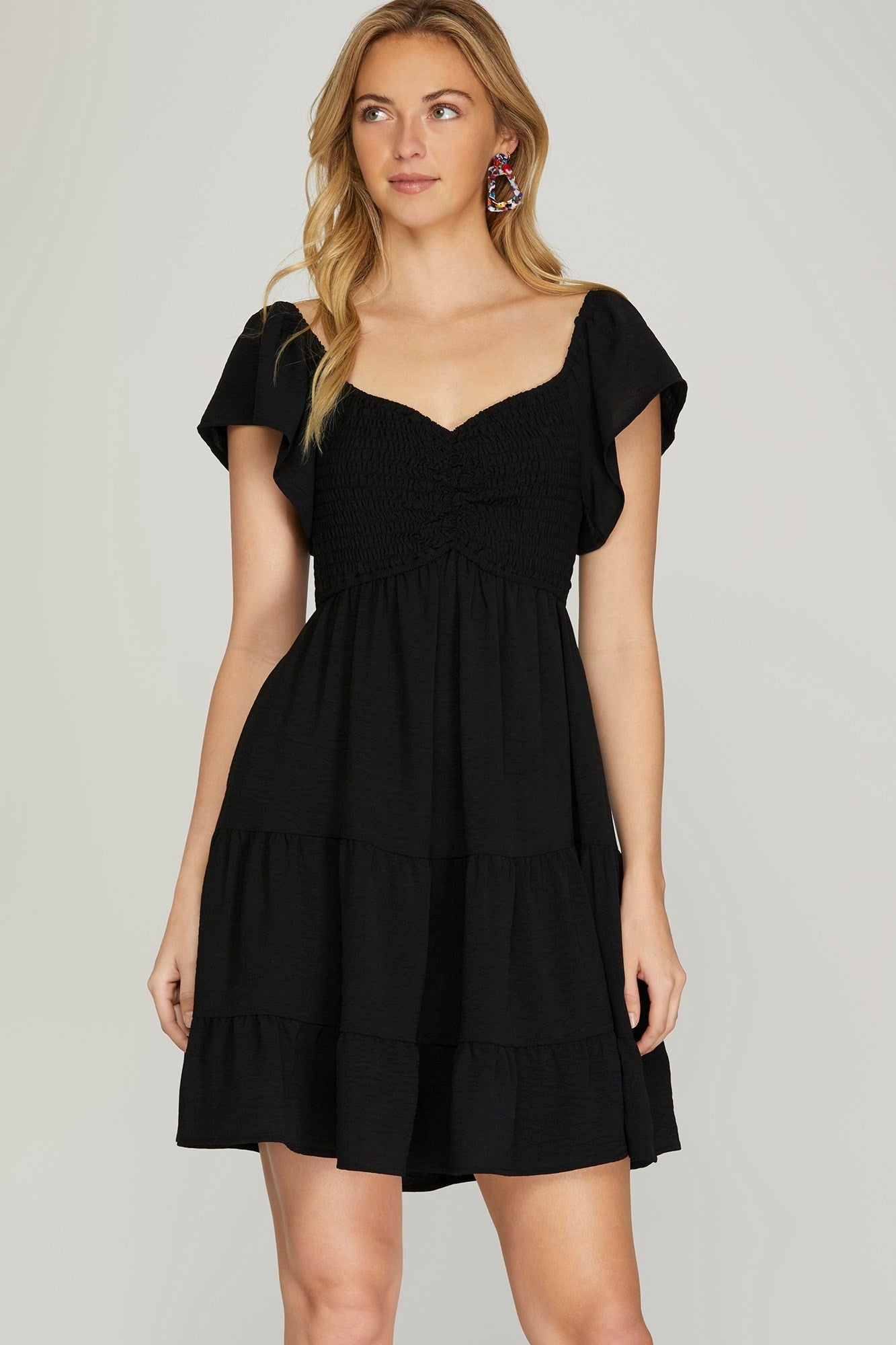 SHE AND SKY Women's Dresses Flutter Sleeve Sweetheart Neck Woven Dress || David's Clothing