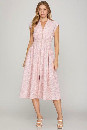 SHE AND SKY Women's Dresses Front Zip Eyelet Printed Midi Dress || David's Clothing