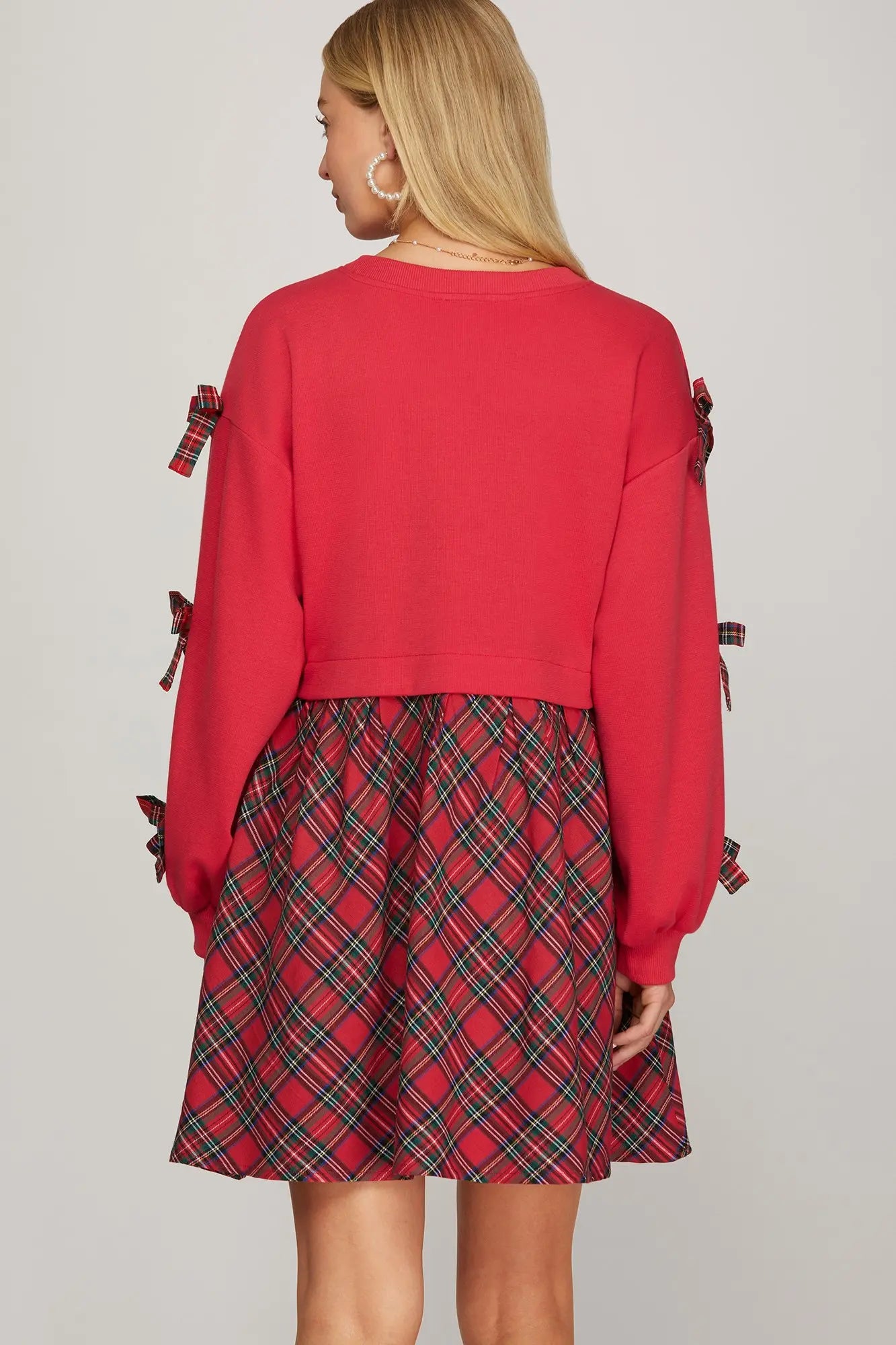 SHE AND SKY Women's Dresses Long Sleeve Knit And Woven Combo Contrast Checked Mini Dress