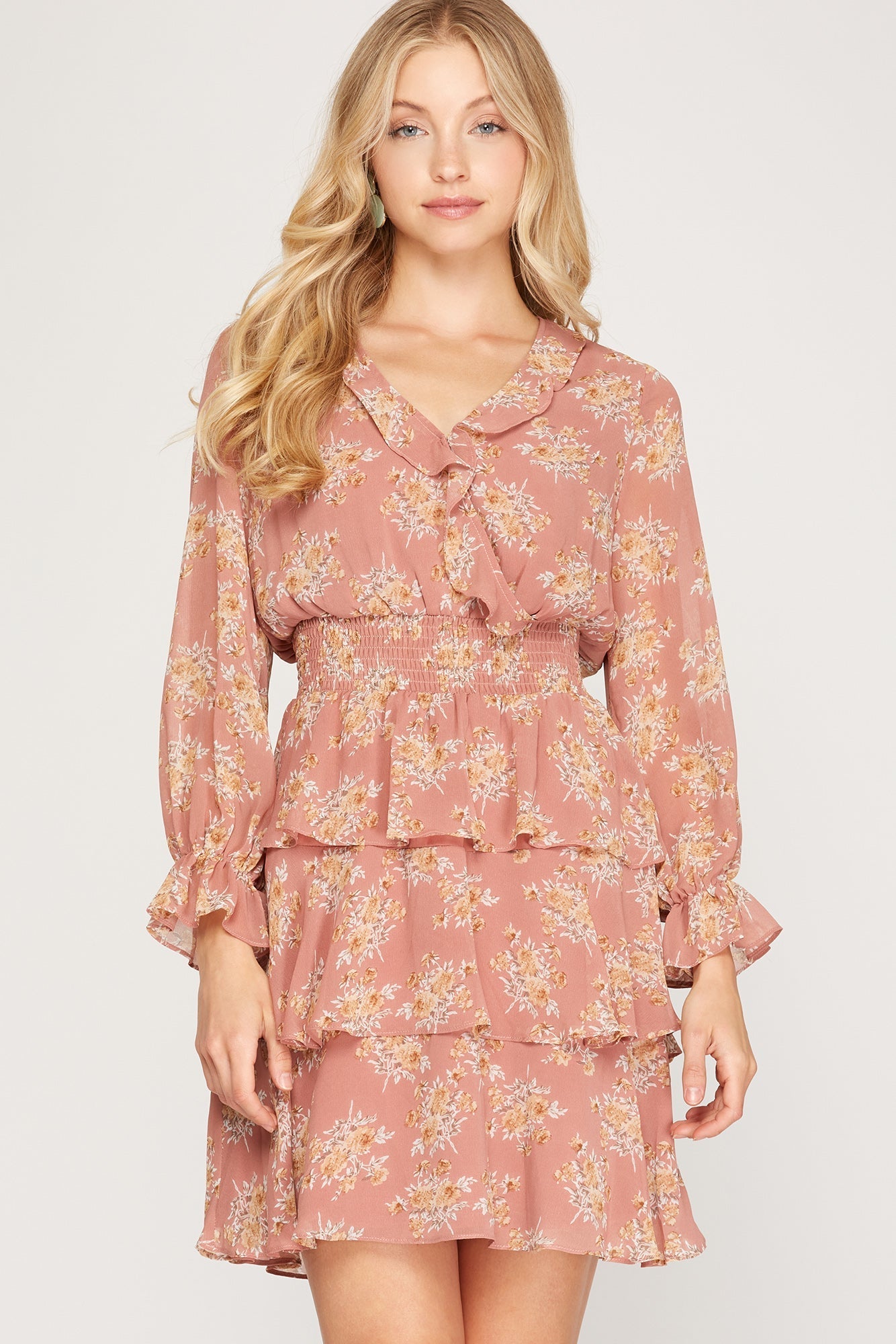 SHE AND SKY Women's Dresses Long Sleeve Woven Print Smocked Tiered Dress || David's Clothing