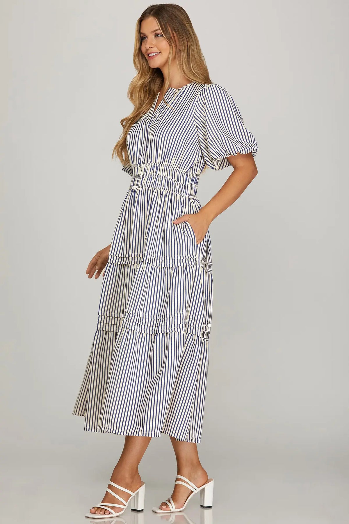 SHE AND SKY Women's Dresses Puff Sleeve Pintuck Tiered Stripe Woven Midi Dress || David's Clothing