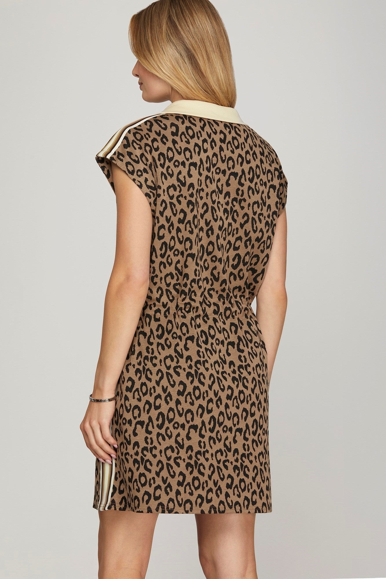 SHE AND SKY Women's Dresses Short Sleeve Half Zip Leopard Print Knit Mini Dress