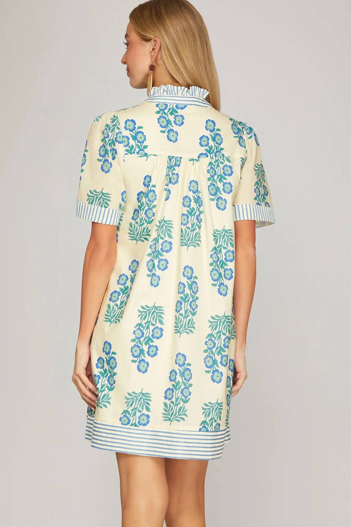 SHE AND SKY Women's Dresses Short Sleeve Ruffled Neck Button Down Printed Mini Dress with Pockets