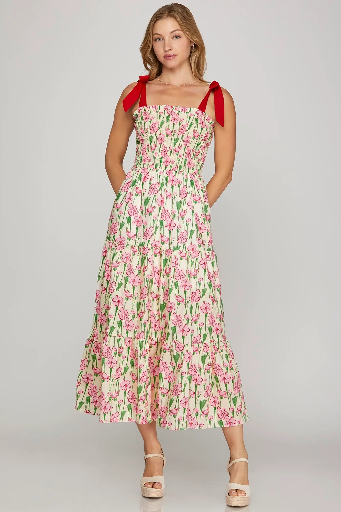 SHE AND SKY Women's Dresses Smocked Tube Maxi Printed Woven Tiered Dress