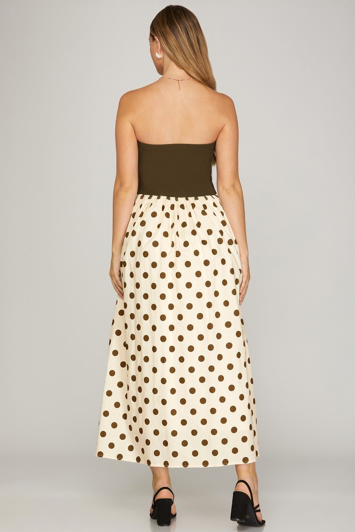 SHE AND SKY Women's Dresses Strapless Knit and Woven Combo Polka Dot Print Tube Midi Dress