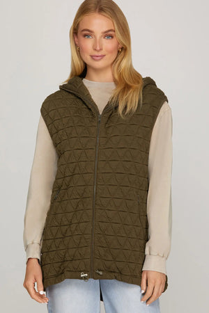 SHE AND SKY Women's Outerwear Zip Up Hooded Quilt Vest With Front Pocket And Drawstring Hem