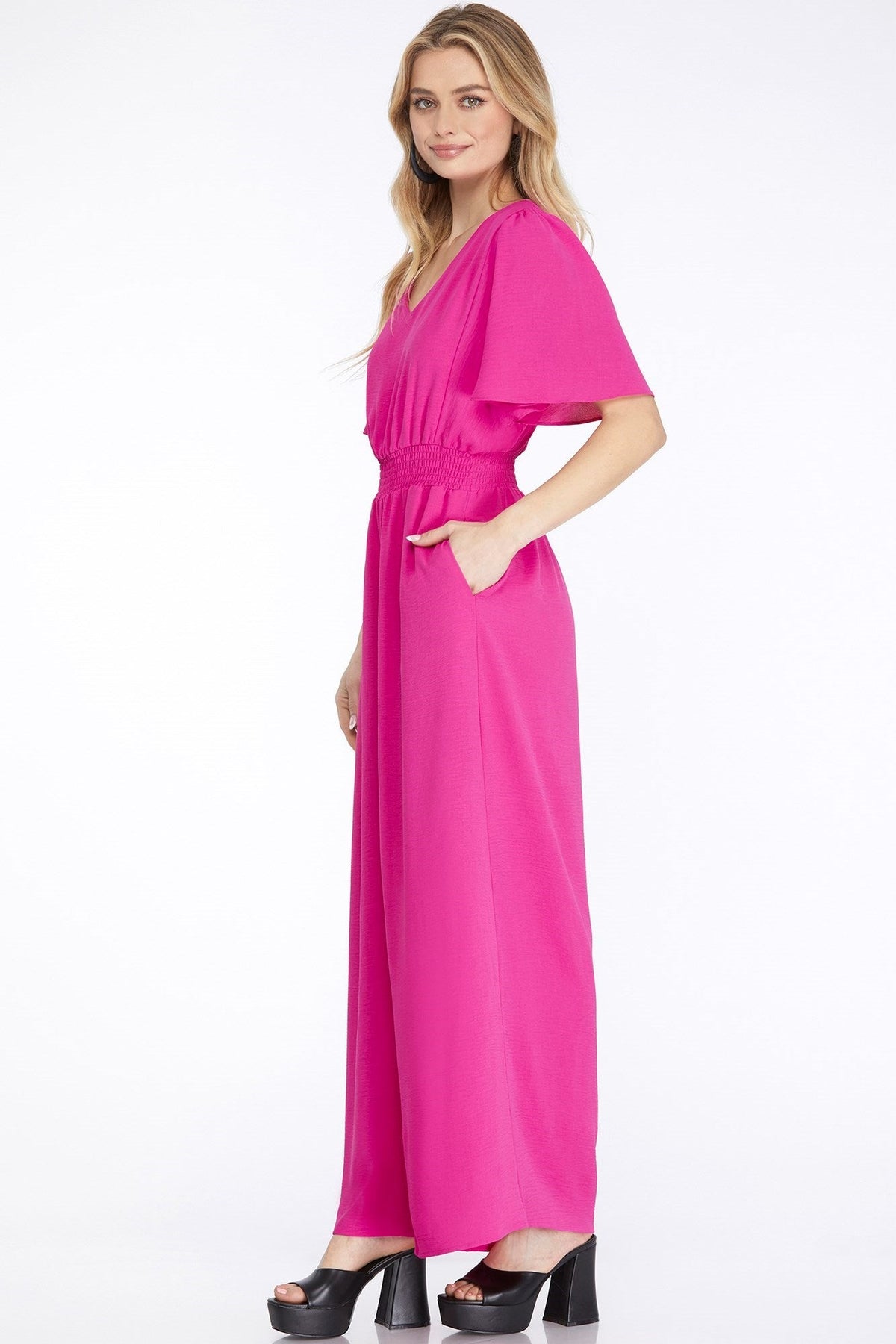 SHE AND SKY Women's Pants Flounce Sleeve Waist Smock Wide Leg Woven Jumpsuit || David's Clothing