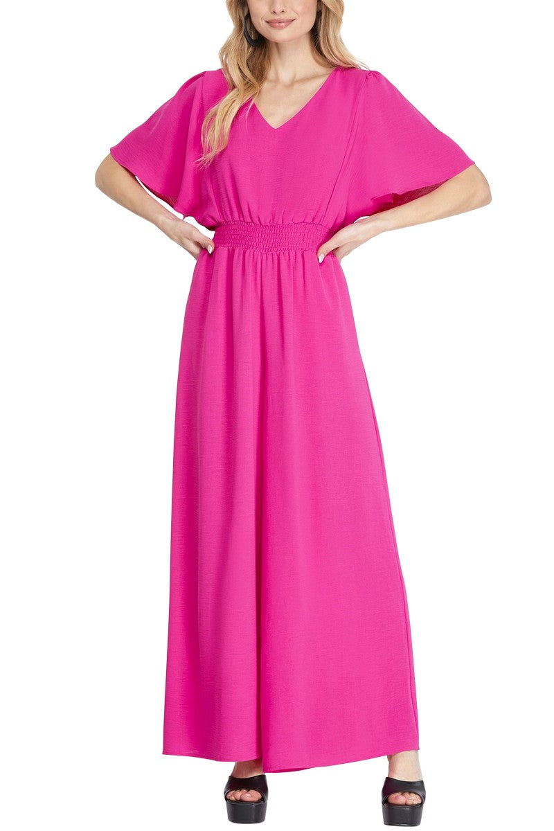 SHE AND SKY Women's Pants HOT PINK / S Flounce Sleeve Waist Smock Wide Leg Woven Jumpsuit || David's Clothing SY6389