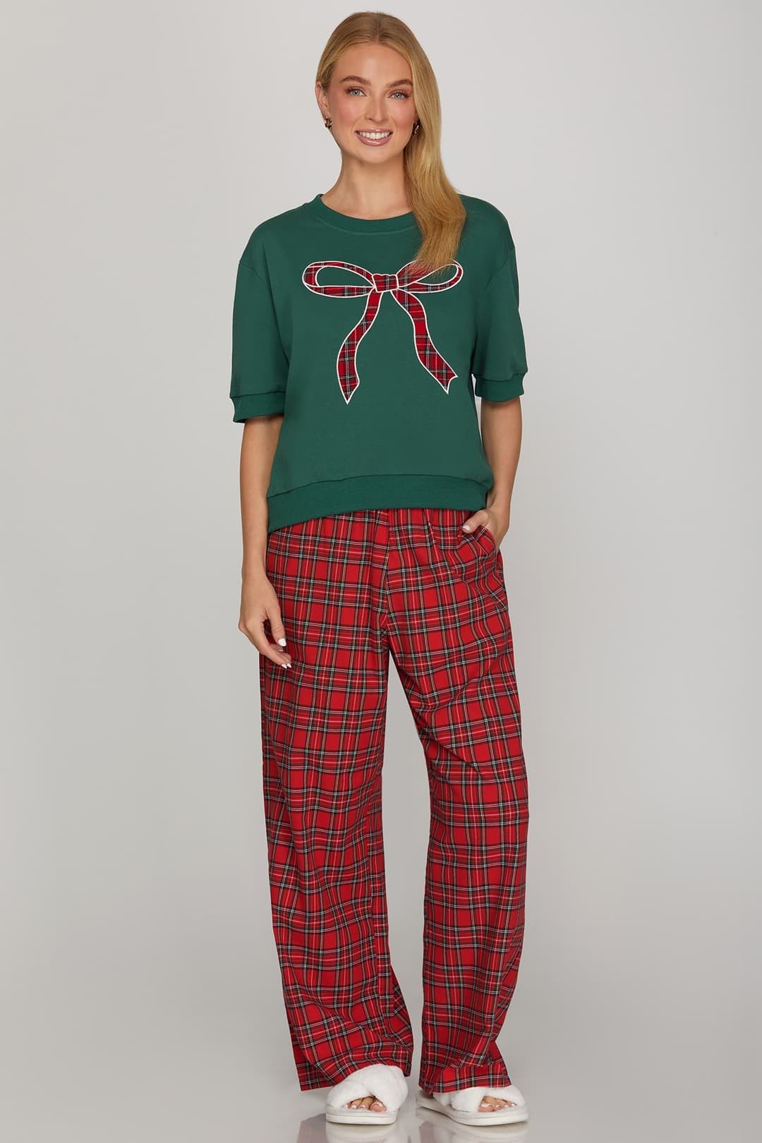 SHE AND SKY Women's Pants Woven Plaid Long Pants With Side Pockets