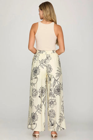 SHE AND SKY Women's Pants Woven Print Pants With Contrast Detail