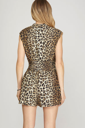 SHE AND SKY Women's Romper Leopard Print Front Zip Romper || David's Clothing