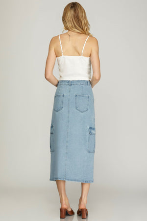 SHE AND SKY Women's Skirts Denim Cargo Midi Skirt || David's Clothing