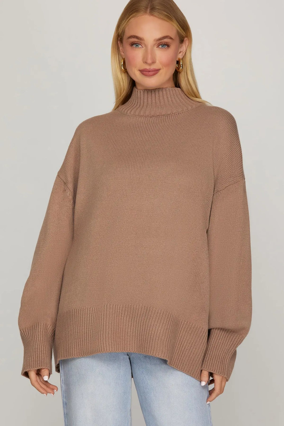 SHE AND SKY Women's Sweater MOCHA / S Long Sleeve Mock Neck Sweater SY9452