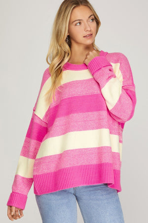 SHE AND SKY Women's Sweaters HOT PINK / S Long Sleeve Striped Sweater Top || David's Clothing SY4361