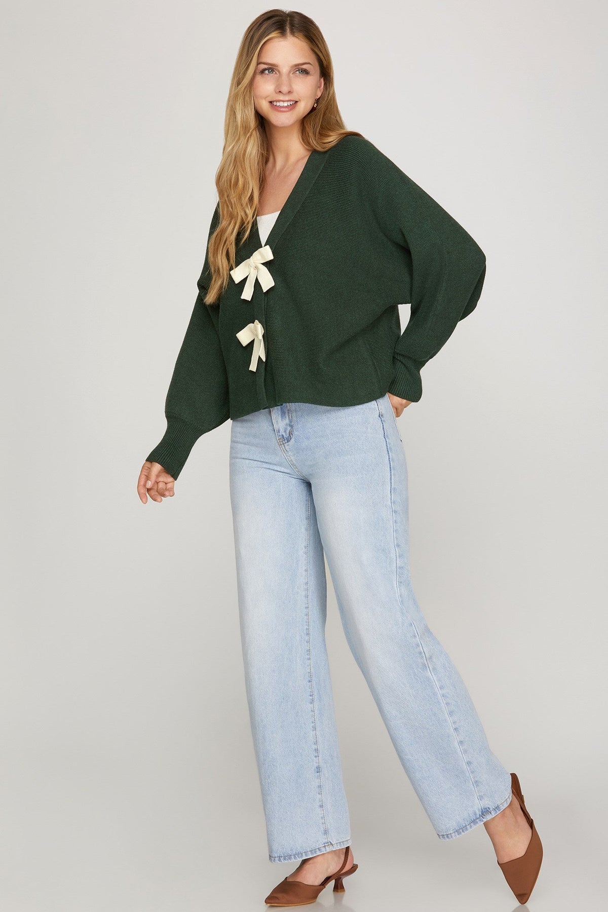 SHE AND SKY Women's Sweaters Long Sleeve Front Bow Sweater Cardigan