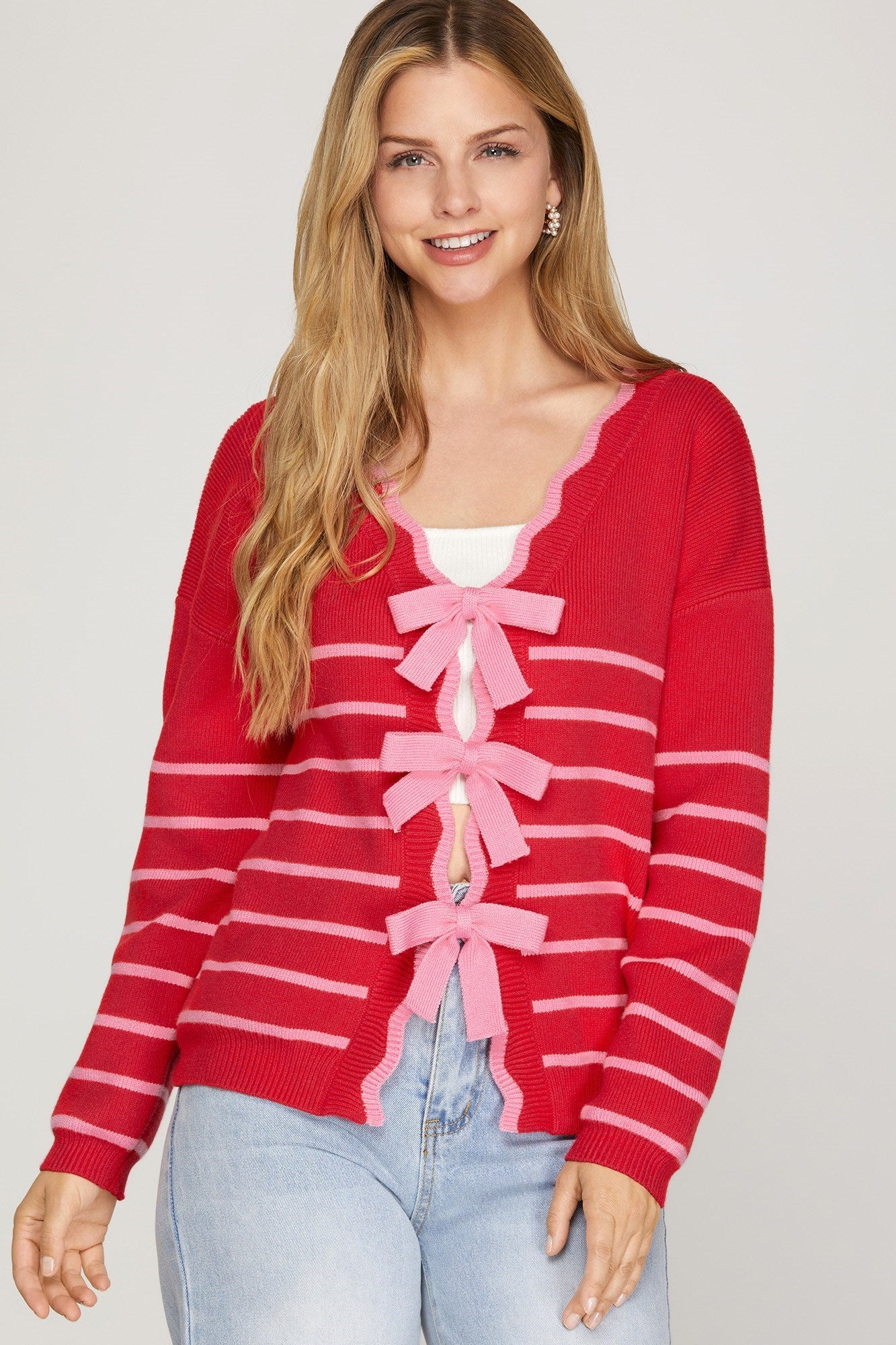 SHE AND SKY Women's Sweaters Long Sleeve Striped Bow Detail Reversible Sweater Cardigan