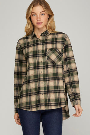 SHE AND SKY Women's Top GREEN / S Long Sleeve Woven Plaid Shirt || David's Clothing SY7567