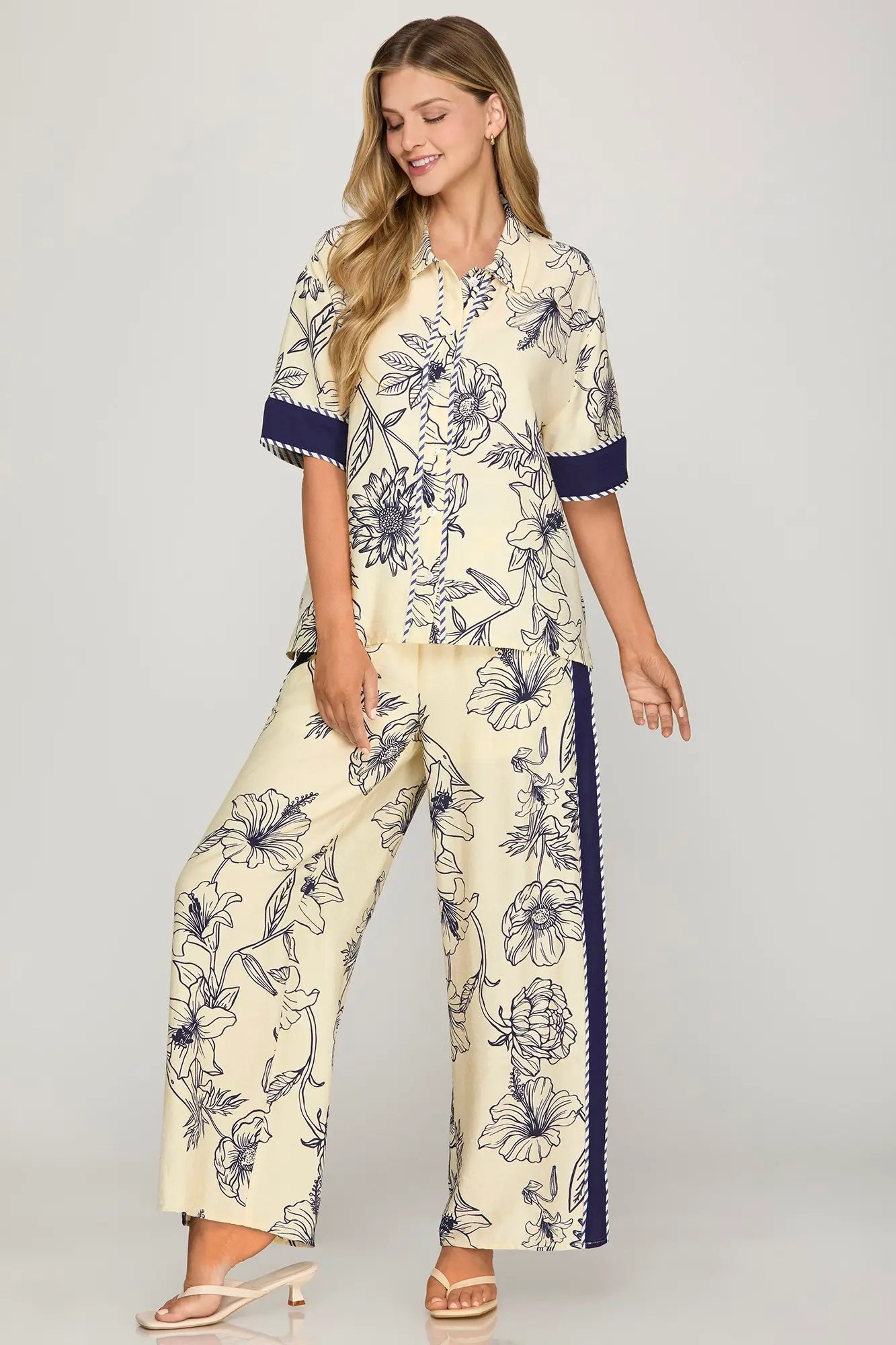 SHE AND SKY Women's Top Half Sleeve Button Down Woven Print Shirt Top With Contrast Detail