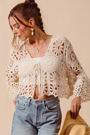 SO ME Women's Cardigans Floral Pattern Crochet Knit Tie Front Crop Cardigan