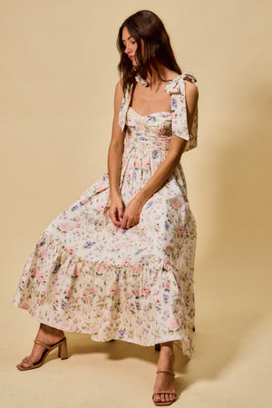 SO ME Women's Dresses Floral Cotton Ruched Bodice Tie Lined Midi Dress