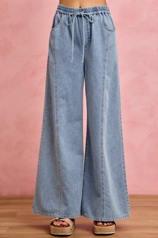 SO ME Women's Jeans Denim Seamed Elastic Waist Wide Leg Jeans Pants