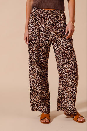 SO ME Women's Pants Leopard Print Wide Leg Pants With Big Patch Pocket