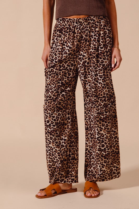SO ME Women's Pants Leopard Print Wide Leg Pants With Big Patch Pocket