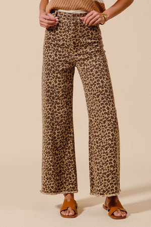 SO ME Women's Pants So Me Mid Rise Leopard Twill Denim Frayed Hem Wide Leg