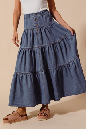 SO ME Women's Skirts Shirred Denim Block Flowy Maxi Skirt